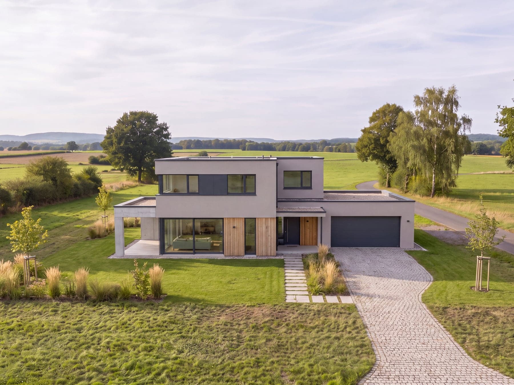 Modernes zweigeschossiges Wohnhaus mit Flachdach, hellem Putz und Lärchenverkleidung am Rand einer Wiese, dahinter offene Feldlandschaft.
