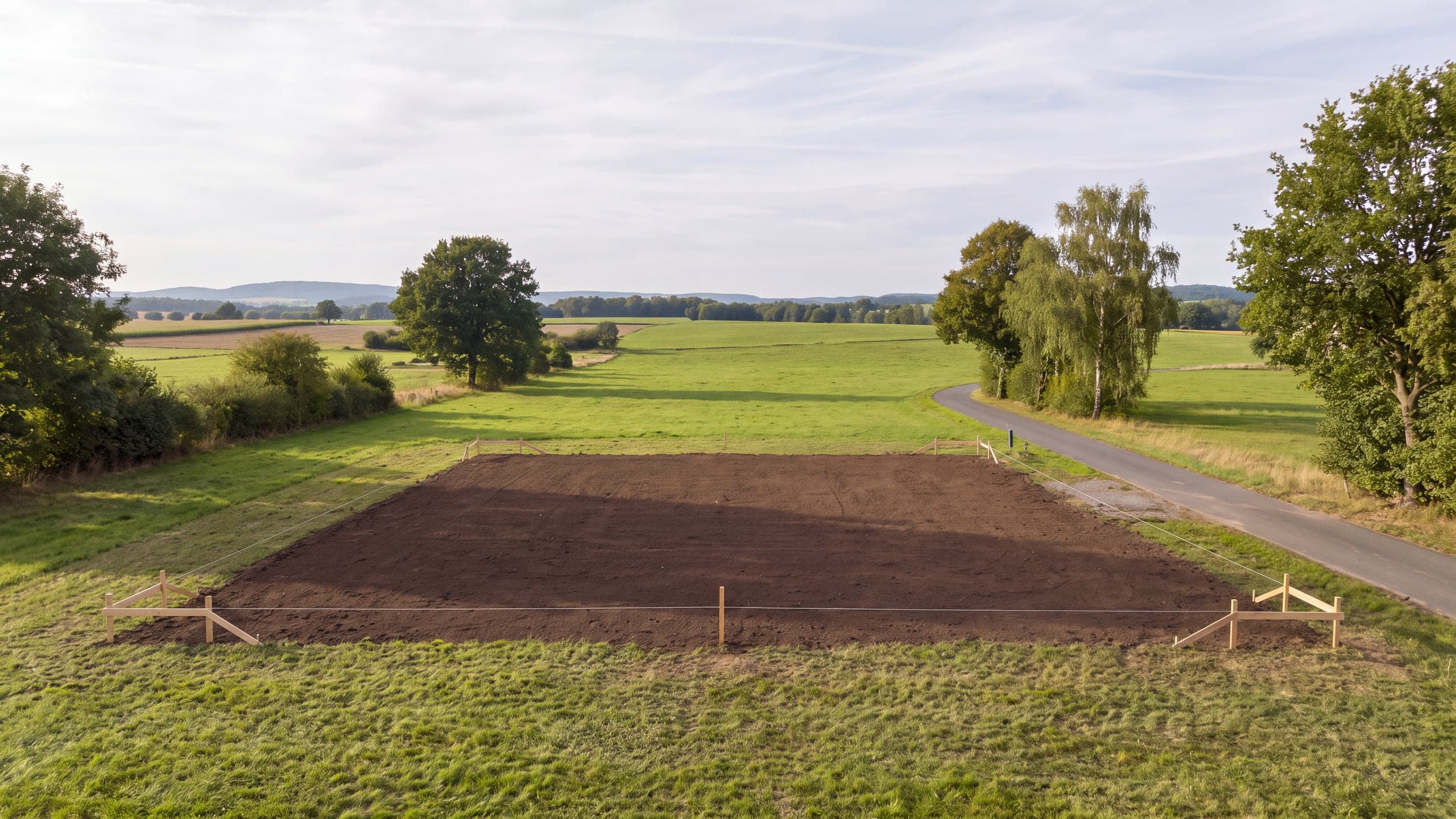 Abgestecktes, noch unbebautes Baugrundstück mit Schnurgerüst am Rand einer Wiese, dahinter offene Feldlandschaft.