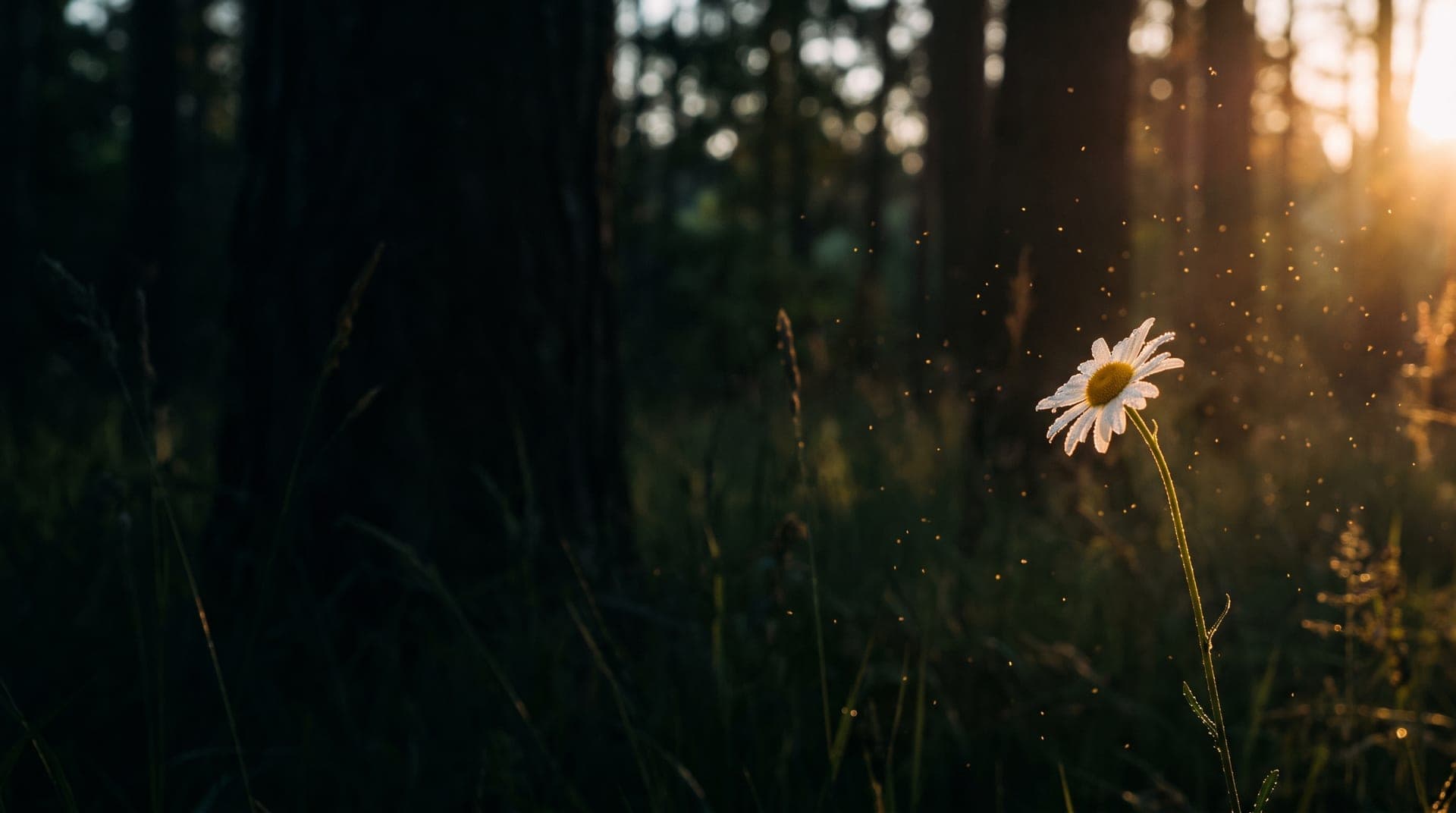 Eine einzelne Wiesenblume im Gegenlicht am dunklen Waldrand, dahinter unscharfe Bäume und schwebende Pollen.